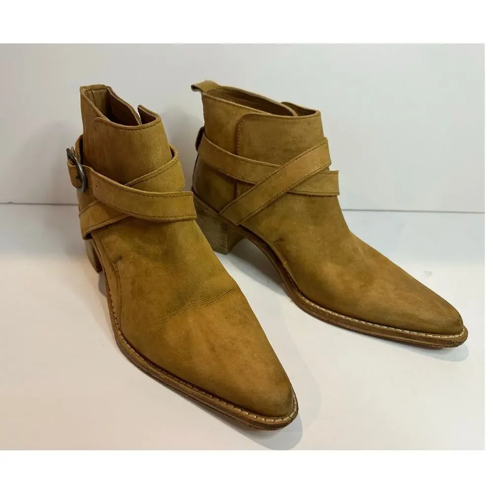 Free People Leather Pointed Toe Ankle Boots Tan EU 38 Back Loop Modern Boho